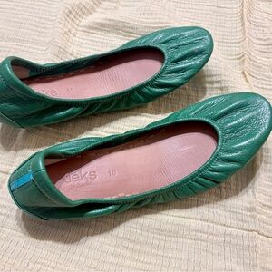 Tieks Clover Green Leather Ballet Flats with Blue Heel Tab